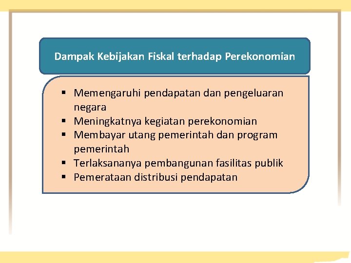 Dampak Kebijakan Fiskal terhadap Perekonomian § Memengaruhi pendapatan dan pengeluaran negara § Meningkatnya kegiatan