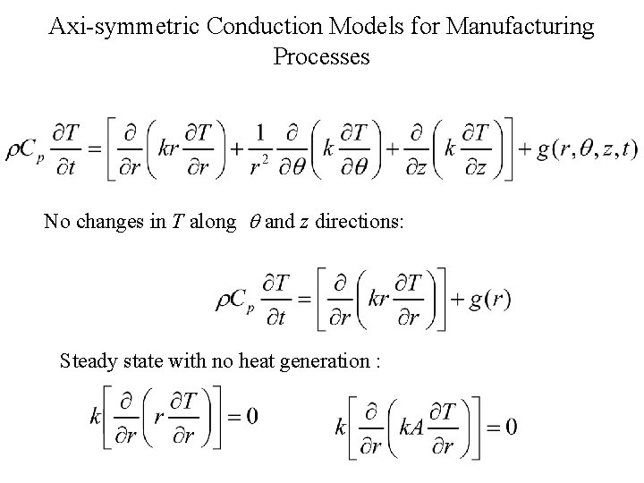 Axi-symmetric Conduction Models for Manufacturing Processes No changes in T along and z directions: