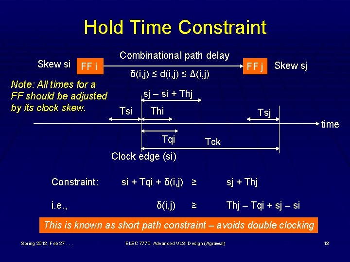 Hold Time Constraint Skew si FF i Note: All times for a FF should Hold Time Constraint Skew si FF i Note: All times for a FF should