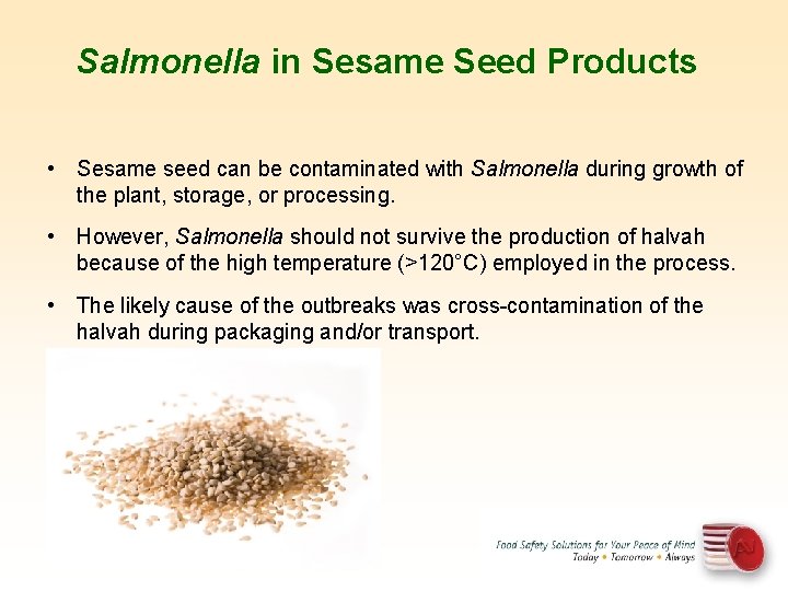 Salmonella in Sesame Seed Products • Sesame seed can be contaminated with Salmonella during