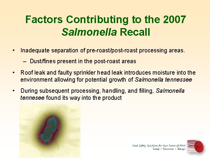 Factors Contributing to the 2007 Salmonella Recall • Inadequate separation of pre-roast/post-roast processing areas.