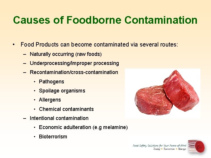 Causes of Foodborne Contamination • Food Products can become contaminated via several routes: –