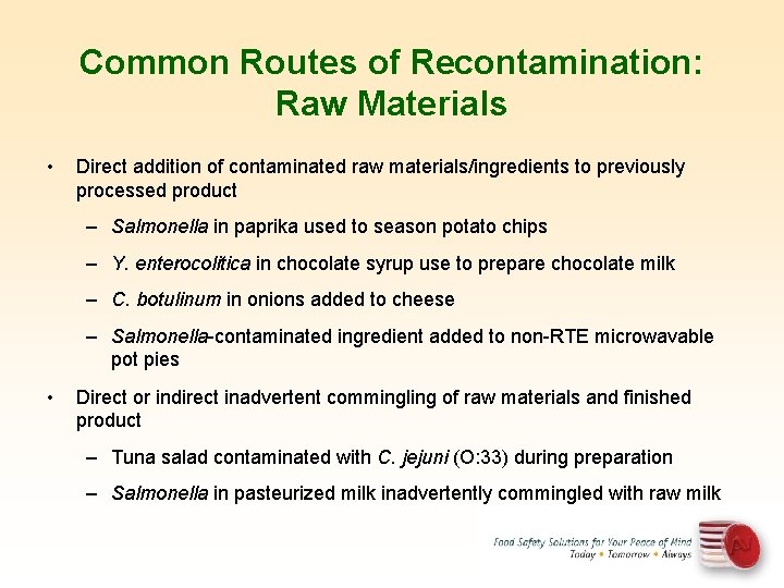 Common Routes of Recontamination: Raw Materials • Direct addition of contaminated raw materials/ingredients to