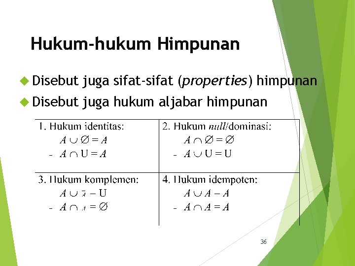 Hukum-hukum Himpunan Disebut juga sifat-sifat (properties) himpunan Disebut juga hukum aljabar himpunan 36 