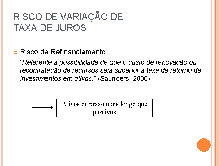 RISCO DE VARIAÇÃO DE TAXA DE JUROS Risco de Refinanciamento: “Referente à possibilidade de