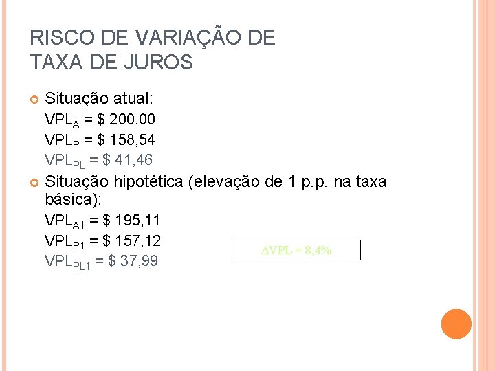 RISCO DE VARIAÇÃO DE TAXA DE JUROS Situação atual: VPLA = $ 200, 00