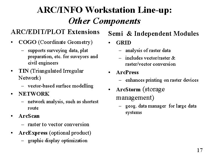 ARC/INFO Workstation Line-up: Other Components ARC/EDIT/PLOT Extensions Semi & Independent Modules • COGO (Coordinate