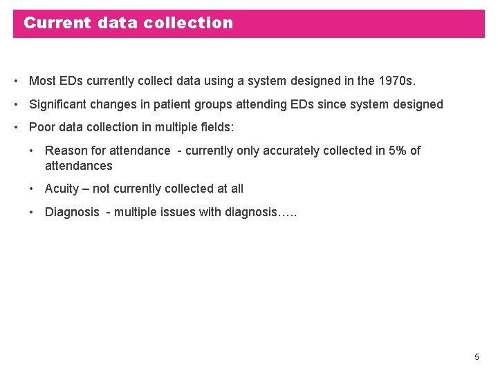 Current data collection • Most EDs currently collect data using a system designed in