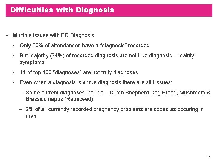 Difficulties with Diagnosis • Multiple issues with ED Diagnosis • Only 50% of attendances
