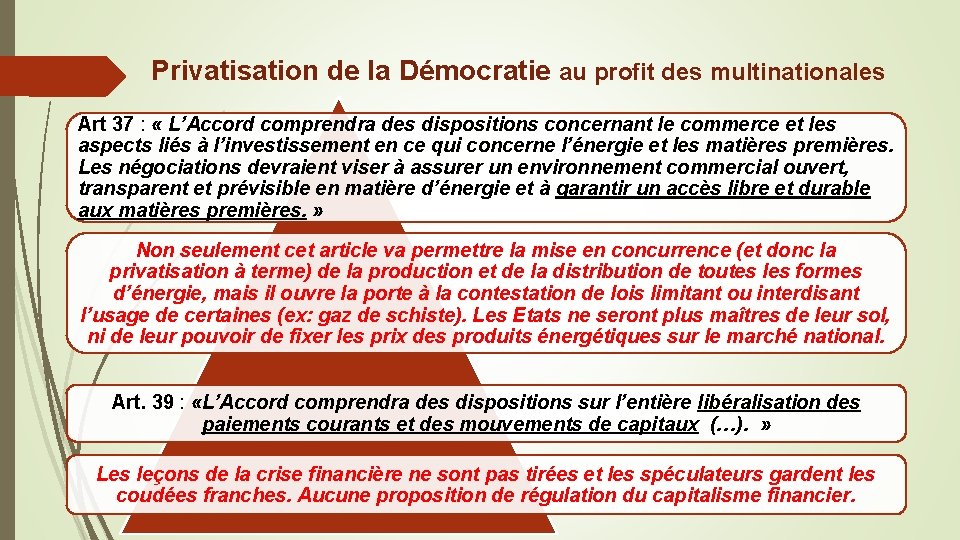 Privatisation de la Démocratie au profit des multinationales Art 37 : « L’Accord comprendra