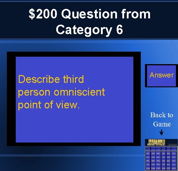 $200 Question from Category 6 Describe third person omniscient point of view. Answer 