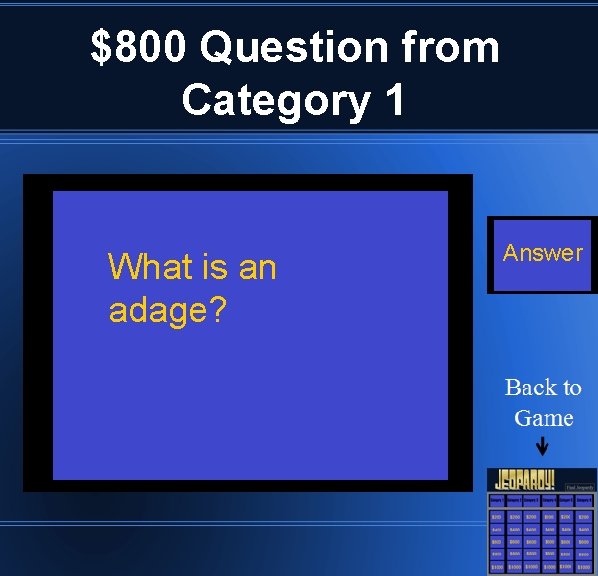 $800 Question from Category 1 What is an adage? Answer 