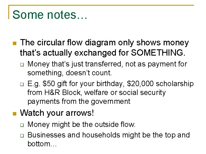 Some notes… n The circular flow diagram only shows money that’s actually exchanged for