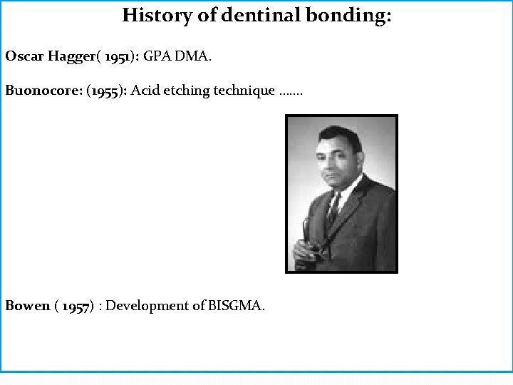 History of dentinal bonding: Oscar Hagger( 1951): GPA DMA. Buonocore: (1955): Acid etching technique