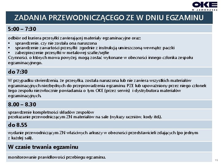 ZADANIA PRZEWODNICZĄCEGO ZE W DNIU EGZAMINU 5: 00 – 7: 30 odbiór od kuriera