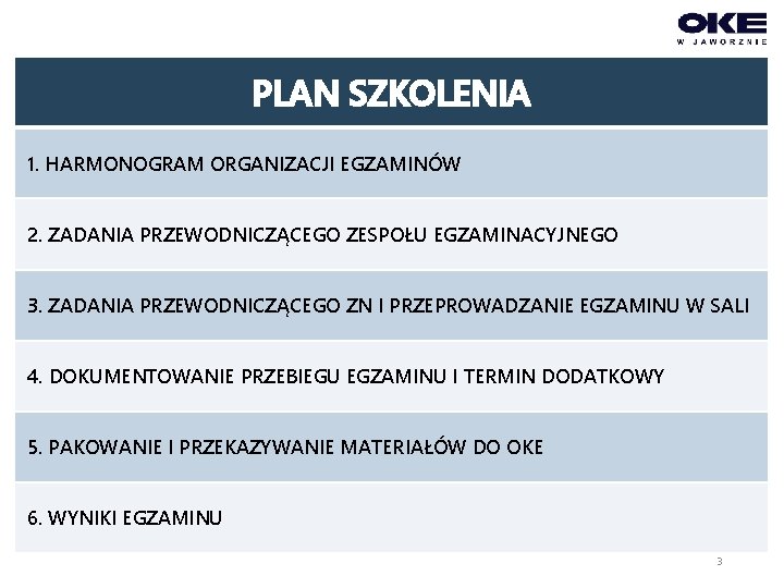 PLAN SZKOLENIA 1. HARMONOGRAM ORGANIZACJI EGZAMINÓW 2. ZADANIA PRZEWODNICZĄCEGO ZESPOŁU EGZAMINACYJNEGO 3. ZADANIA PRZEWODNICZĄCEGO