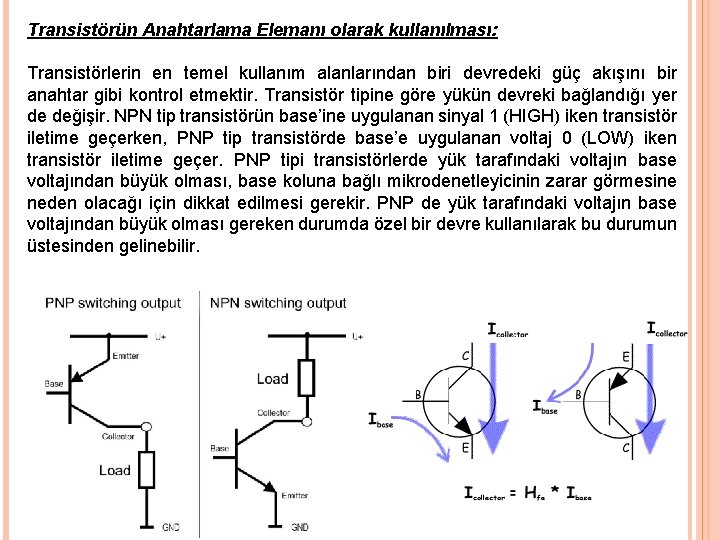 Transistörün Anahtarlama Elemanı olarak kullanılması: Transistörlerin en temel kullanım alanlarından biri devredeki güç akışını Transistörün Anahtarlama Elemanı olarak kullanılması: Transistörlerin en temel kullanım alanlarından biri devredeki güç akışını