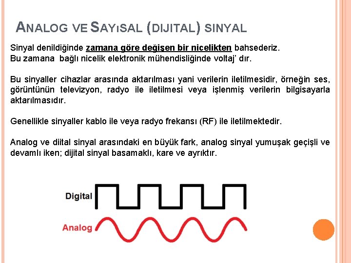 ANALOG VE SAYıSAL (DIJITAL) SINYAL Sinyal denildiğinde zamana göre değişen bir nicelikten bahsederiz. Bu ANALOG VE SAYıSAL (DIJITAL) SINYAL Sinyal denildiğinde zamana göre değişen bir nicelikten bahsederiz. Bu