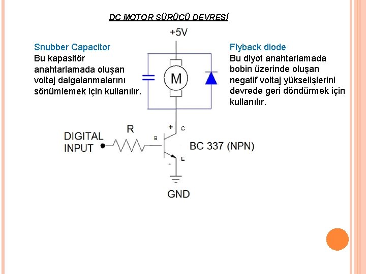 DC MOTOR SÜRÜCÜ DEVRESİ Snubber Capacitor Bu kapasitör anahtarlamada oluşan voltaj dalgalanmalarını sönümlemek için DC MOTOR SÜRÜCÜ DEVRESİ Snubber Capacitor Bu kapasitör anahtarlamada oluşan voltaj dalgalanmalarını sönümlemek için