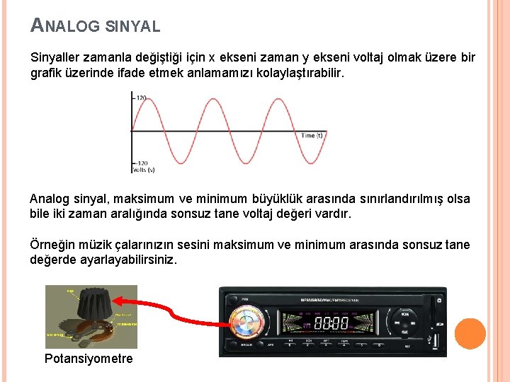 ANALOG SINYAL Sinyaller zamanla değiştiği için x ekseni zaman y ekseni voltaj olmak üzere ANALOG SINYAL Sinyaller zamanla değiştiği için x ekseni zaman y ekseni voltaj olmak üzere