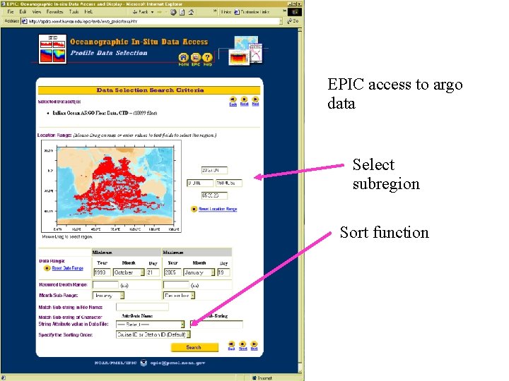 EPIC access to argo data Select subregion Sort function 