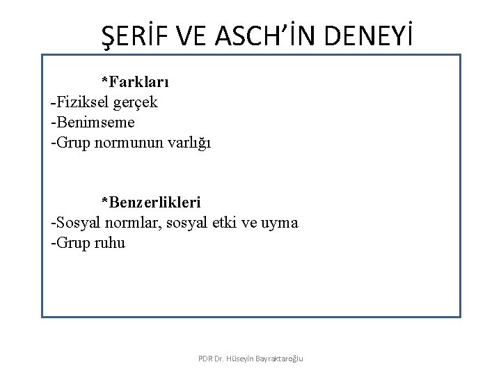 ŞERİF VE ASCH’İN DENEYİ *Farkları -Fiziksel gerçek -Benimseme -Grup normunun varlığı *Benzerlikleri -Sosyal normlar,