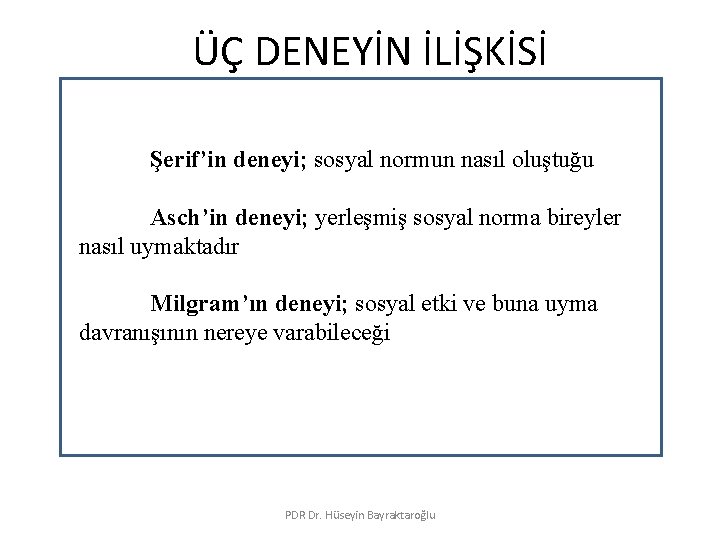 ÜÇ DENEYİN İLİŞKİSİ Şerif’in deneyi; sosyal normun nasıl oluştuğu Asch’in deneyi; yerleşmiş sosyal norma