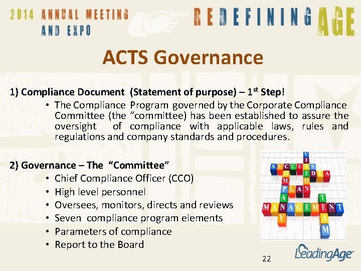  ACTS Governance 1) Compliance Document (Statement of purpose) – 1 st Step! •