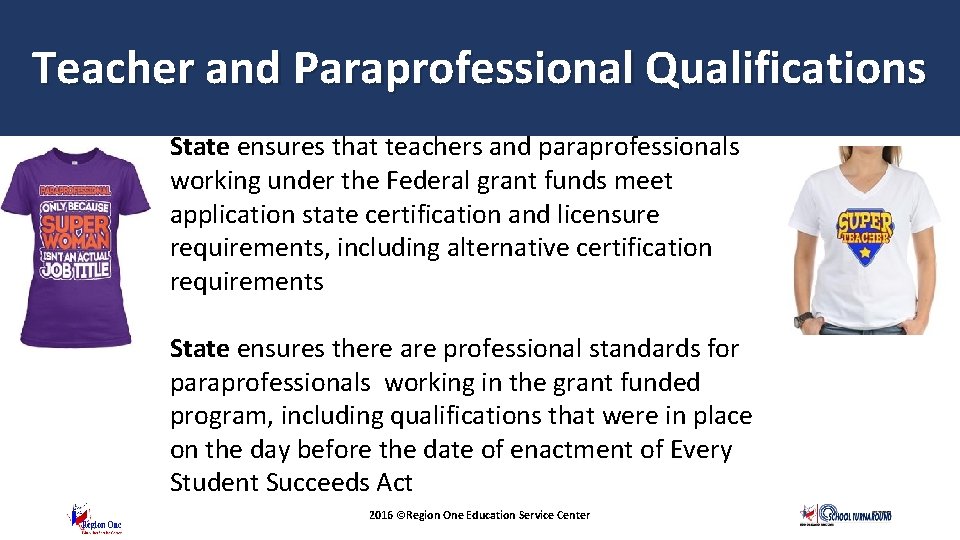 Teacher and Paraprofessional Qualifications State ensures that teachers and paraprofessionals working under the Federal