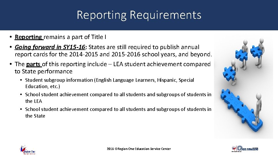 Reporting Requirements • Reporting remains a part of Title I • Going forward in