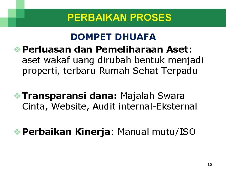 PERBAIKAN PROSES DOMPET DHUAFA v Perluasan dan Pemeliharaan Aset: aset wakaf uang dirubah bentuk