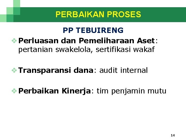 PERBAIKAN PROSES PP TEBUIRENG v Perluasan dan Pemeliharaan Aset: pertanian swakelola, sertifikasi wakaf v