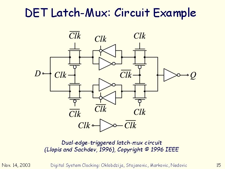DET Latch-Mux: Circuit Example Dual-edge-triggered latch-mux circuit (Llopis and Sachdev, 1996), Copyright © 1996
