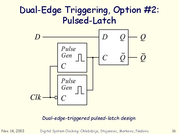 Dual-Edge Triggering, Option #2: Pulsed-Latch Dual-edge-triggered pulsed-latch design Nov. 14, 2003 Digital System Clocking: