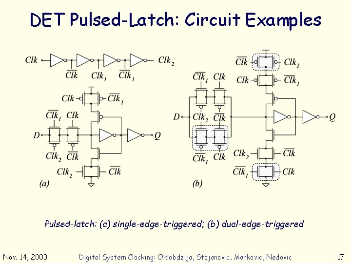 DET Pulsed-Latch: Circuit Examples Pulsed-latch: (a) single-edge-triggered; (b) dual-edge-triggered Nov. 14, 2003 Digital System