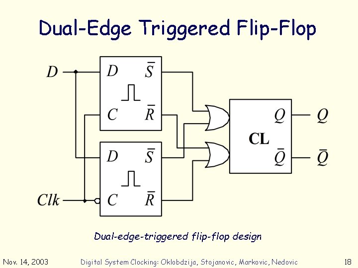 Dual-Edge Triggered Flip-Flop Dual-edge-triggered flip-flop design Nov. 14, 2003 Digital System Clocking: Oklobdzija, Stojanovic,