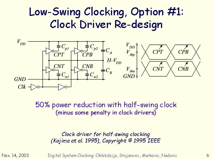 Low-Swing Clocking, Option #1: Clock Driver Re-design 50% power reduction with half-swing clock (minus