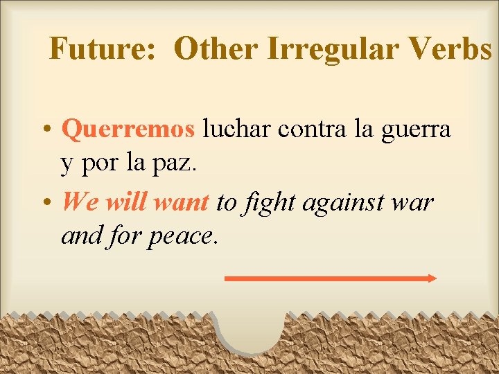 Future: Other Irregular Verbs • Querremos luchar contra la guerra y por la paz. Future: Other Irregular Verbs • Querremos luchar contra la guerra y por la paz.