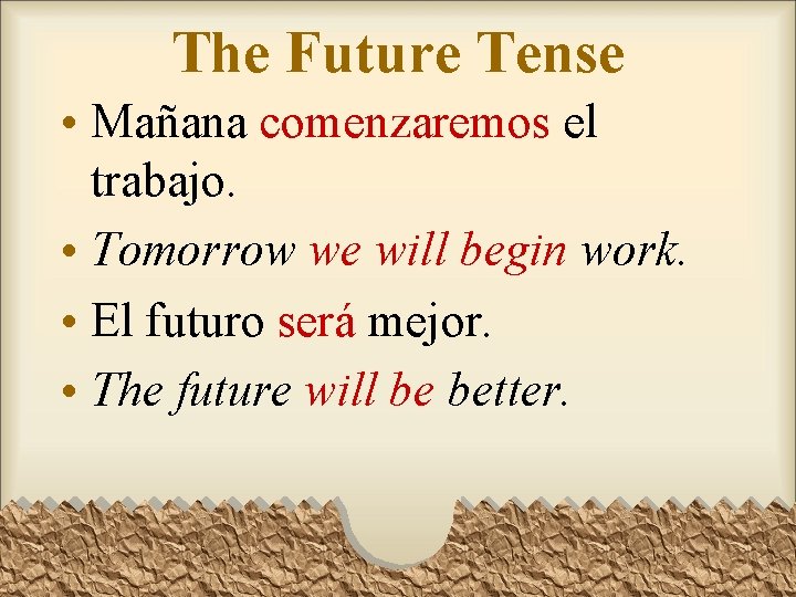 The Future Tense • Mañana comenzaremos el trabajo. • Tomorrow we will begin work. The Future Tense • Mañana comenzaremos el trabajo. • Tomorrow we will begin work.