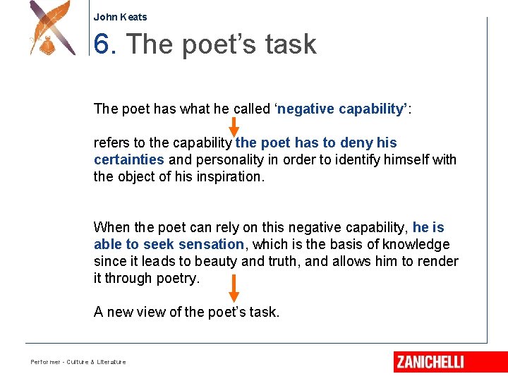 John Keats 6. The poet’s task The poet has what he called ‘negative capability’: