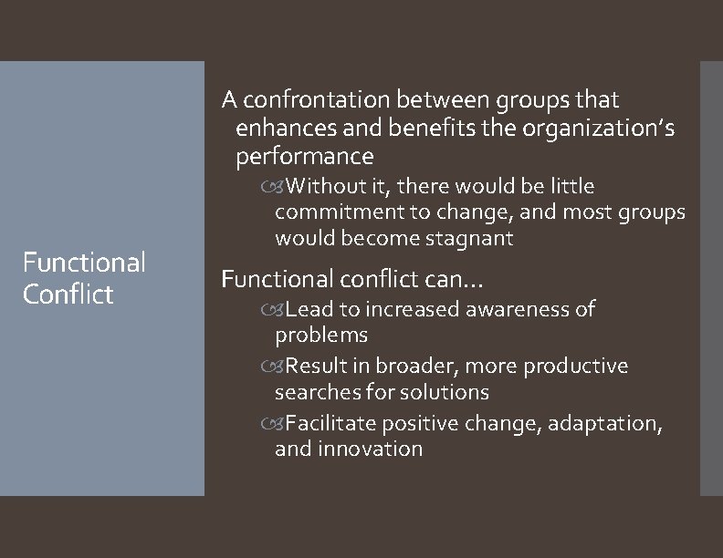 A confrontation between groups that enhances and benefits the organization’s performance Functional Conflict Without