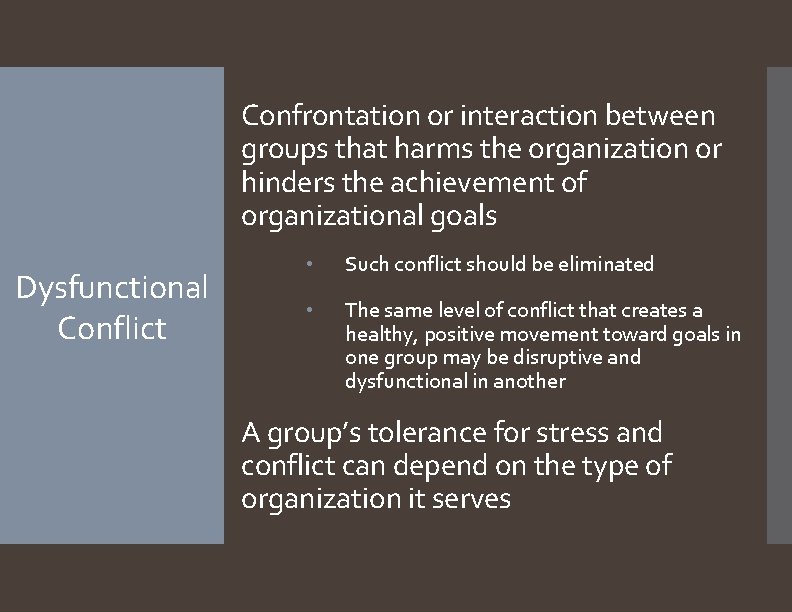 Confrontation or interaction between groups that harms the organization or hinders the achievement of