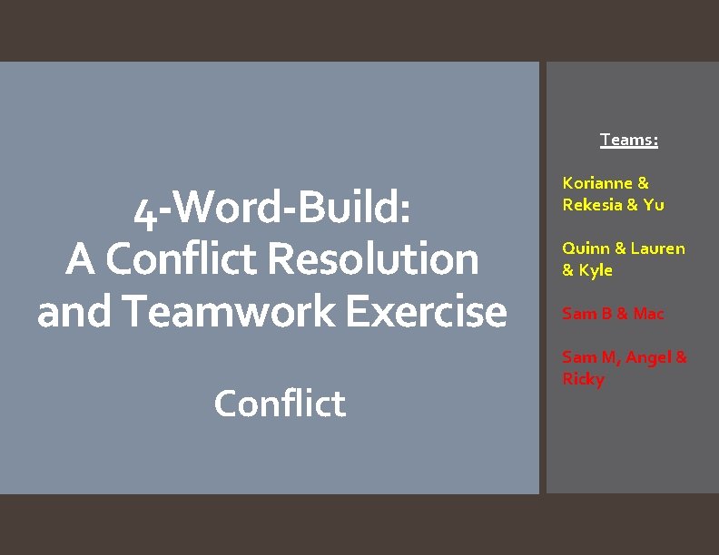 Teams: 4 -Word-Build: A Conflict Resolution and Teamwork Exercise Conflict Korianne & Rekesia &