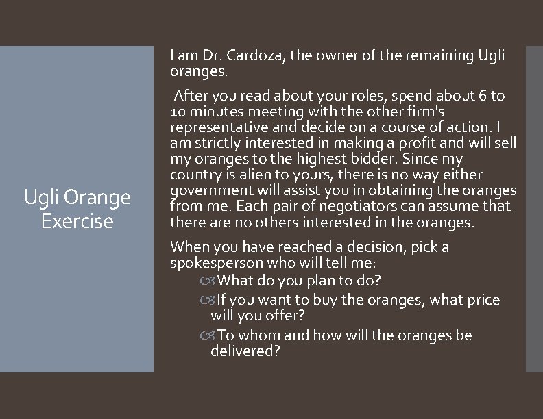 I am Dr. Cardoza, the owner of the remaining Ugli oranges. Ugli Orange Exercise