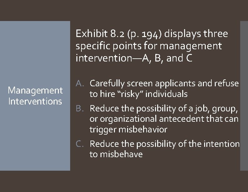 Exhibit 8. 2 (p. 194) displays three specific points for management intervention—A, B, and