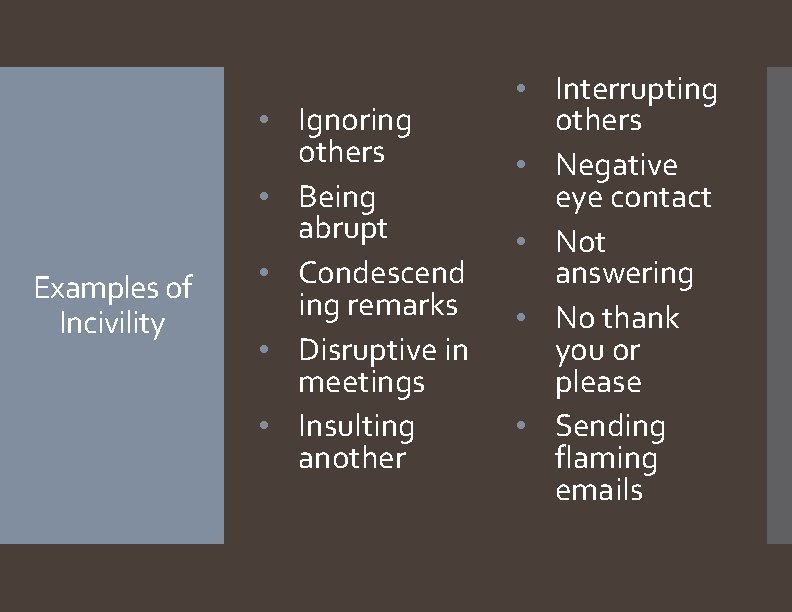 Examples of Incivility • Ignoring others • Being abrupt • Condescend ing remarks •