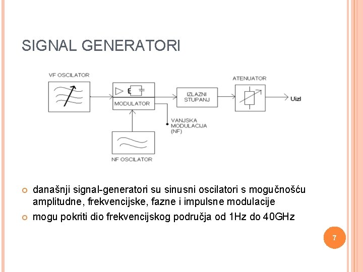 SIGNAL GENERATORI današnji signal-generatori su sinusni oscilatori s mogučnošću amplitudne, frekvencijske, fazne i impulsne