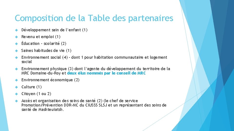 Composition de la Table des partenaires Développement sain de l’enfant (1) Revenu et emploi Composition de la Table des partenaires Développement sain de l’enfant (1) Revenu et emploi