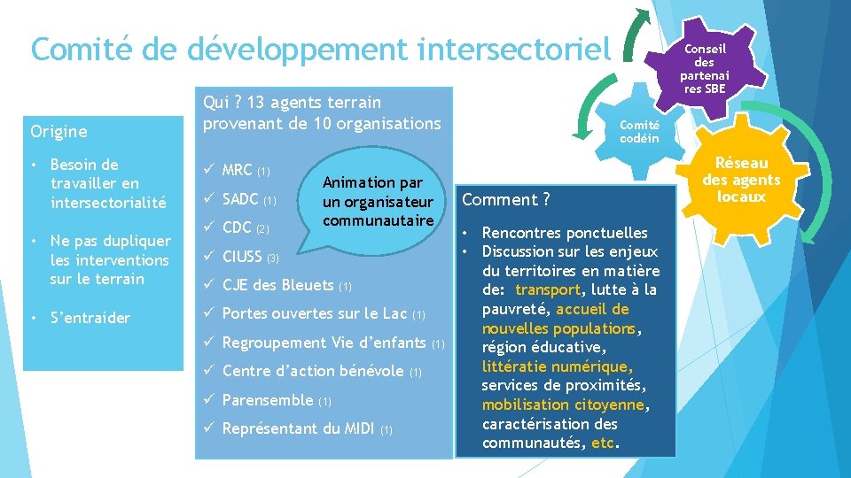 Comité de développement intersectoriel Origine • Besoin de travailler en intersectorialité • Ne pas Comité de développement intersectoriel Origine • Besoin de travailler en intersectorialité • Ne pas