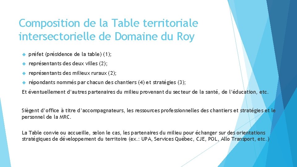 Composition de la Table territoriale intersectorielle de Domaine du Roy préfet (présidence de la Composition de la Table territoriale intersectorielle de Domaine du Roy préfet (présidence de la
